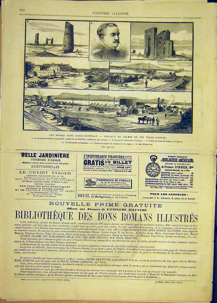 Original Old Antique Print Russian Asia Railway Caspian French 1881 Victorian