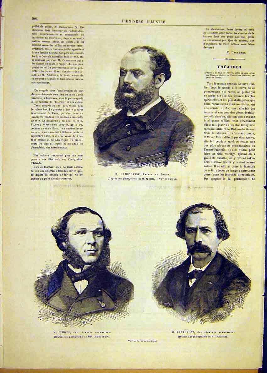 Original Old Antique Print Portrait Camescasse Police Wurtz Berthelot 1881 19th