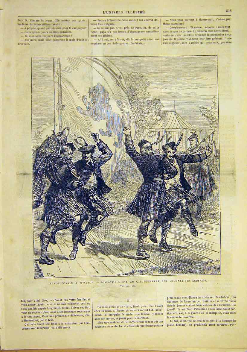 Original Old Antique Print Windsor Royal Scottish Volunteers Dance 1881 19th
