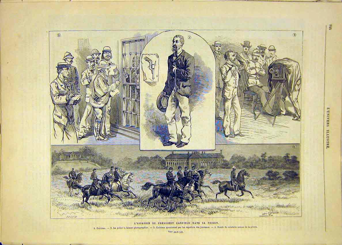 Original Old Antique Print Assasin President Garfield Prison Guitteau 1881 19th