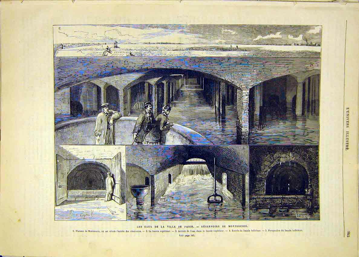 Original Old Antique Print Water Paris Resevoir Montsouris French 1881 Victorian