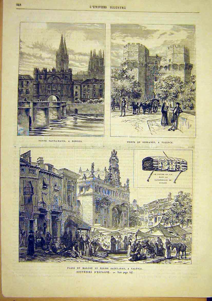 Original Old Antique Print Spain Santa-Maria Serranos Valencia Saint-Jean 1881