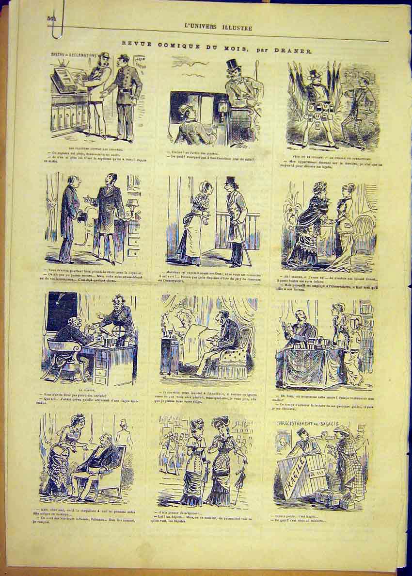 Original Old Antique Print Comic Review Sketch Draner Theatre French 1881 19th