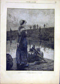 Original Old Antique Print Clausen Watercolour Attendant Le Bac Boat 1881 19th