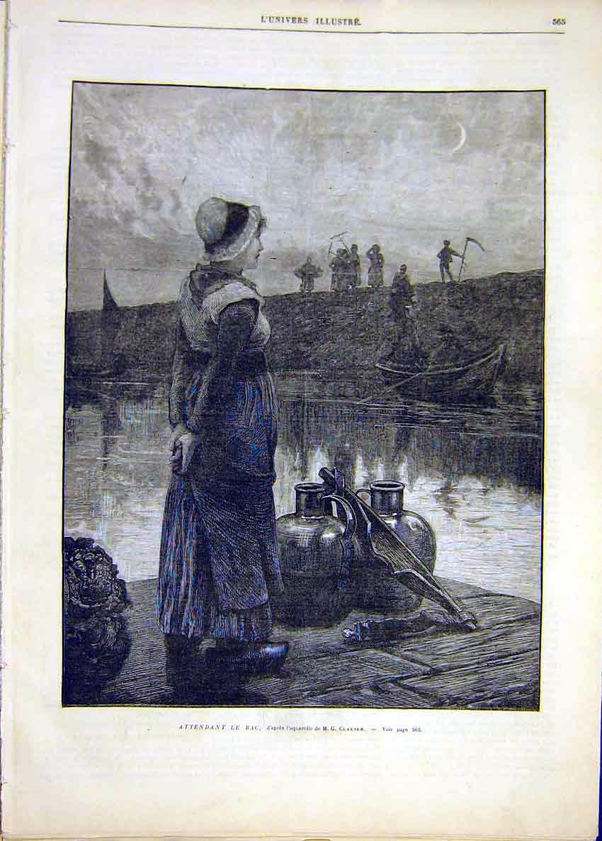 Original Old Antique Print Clausen Watercolour Attendant Le Bac Boat 1881 19th
