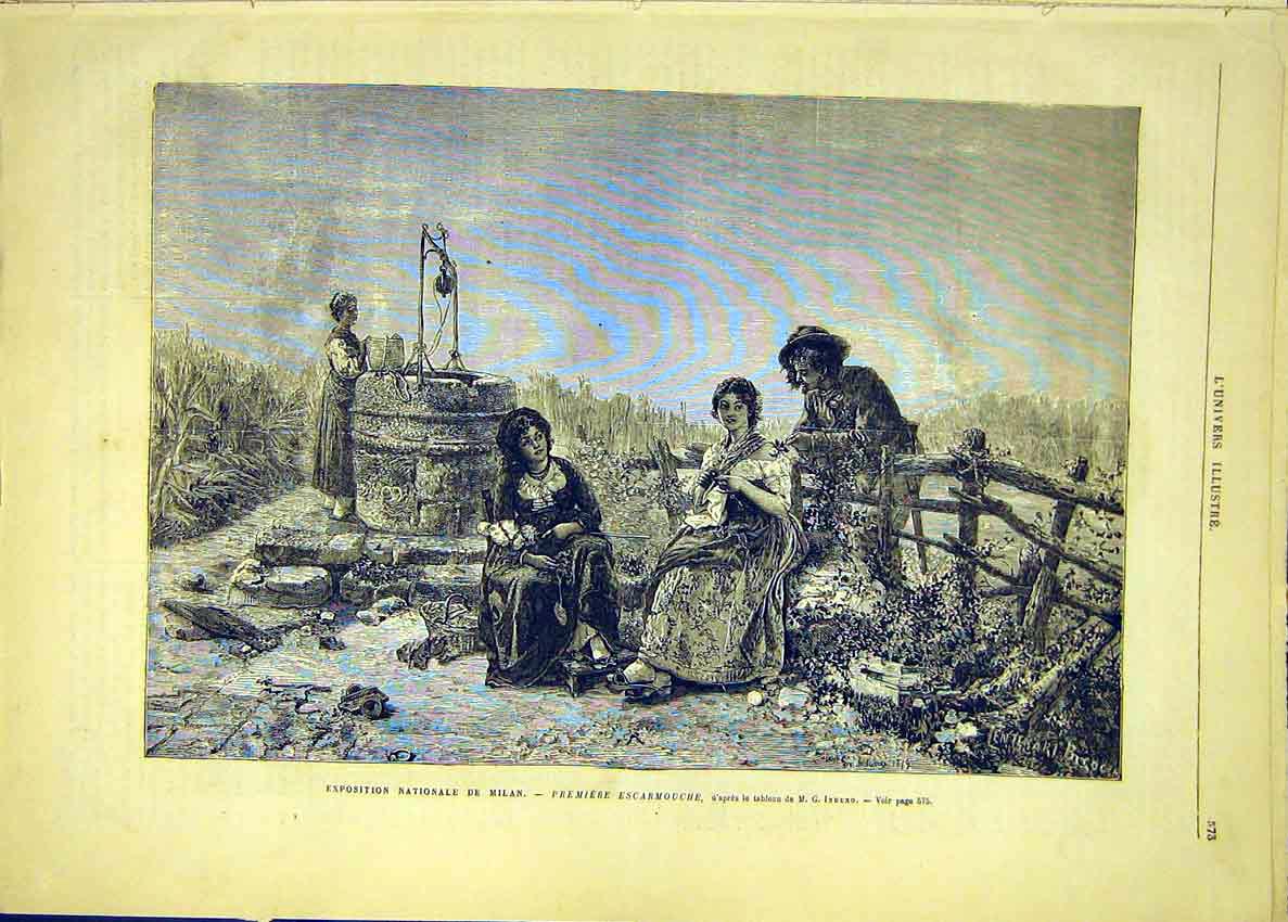 Original Old Antique Print Exhibition Milan Induno First Romance Well 1881 19th