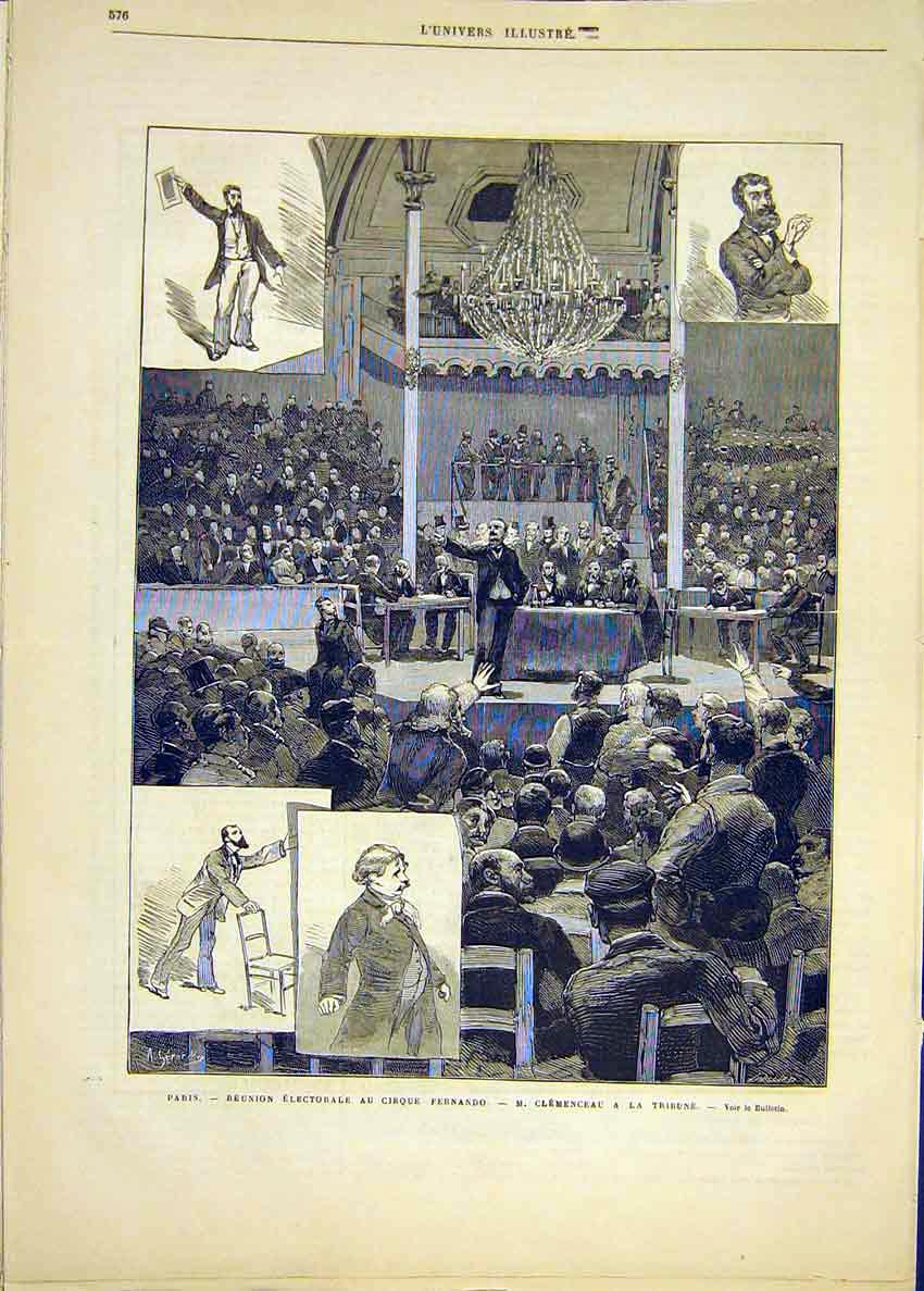 Original Old Antique Print Paris Fernando Election Clemenceau Tribune 1881 19th