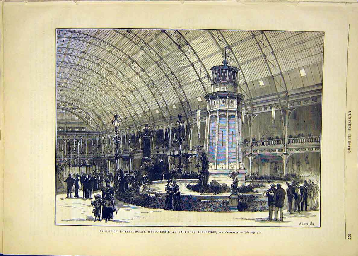 Original Old Antique Print Electricity Exhibition Industrial Palace 1881 19th