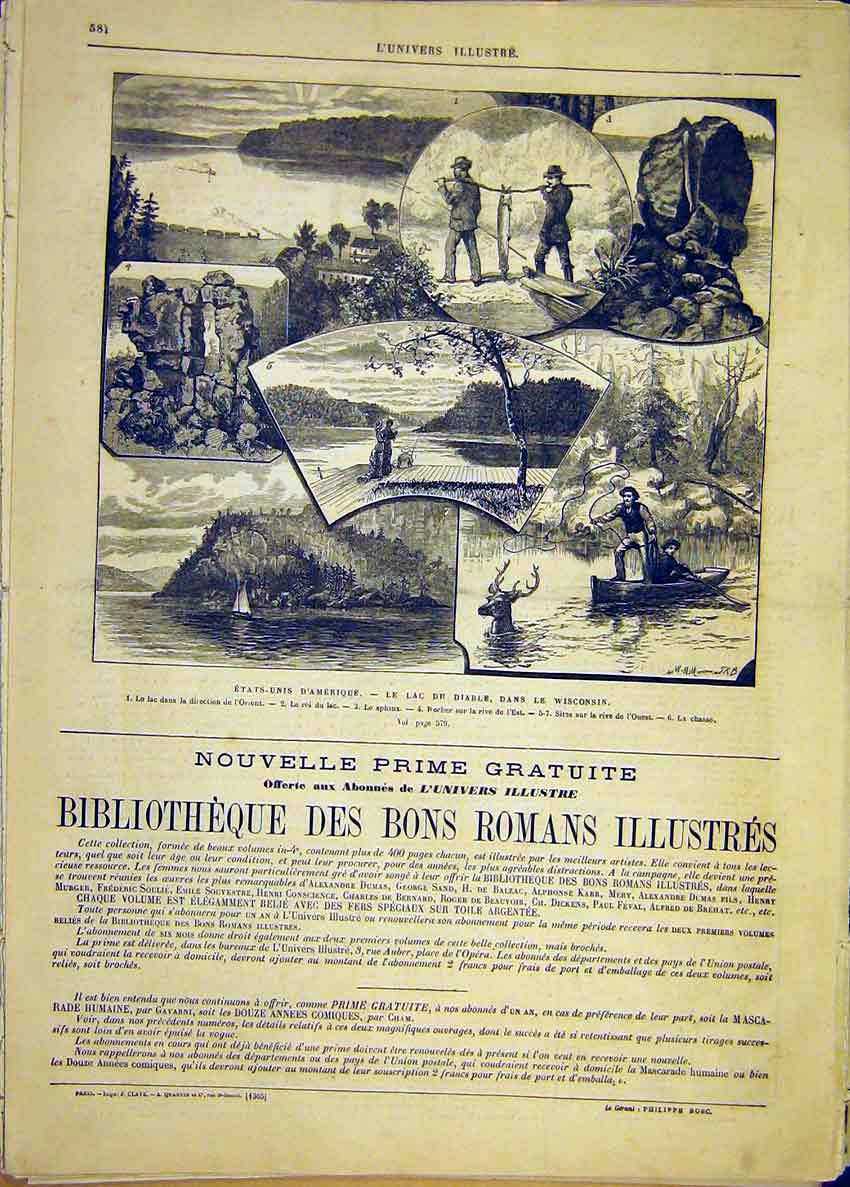 Original Old Antique Print United States America Wisconsin Diable Lake 1881 19th