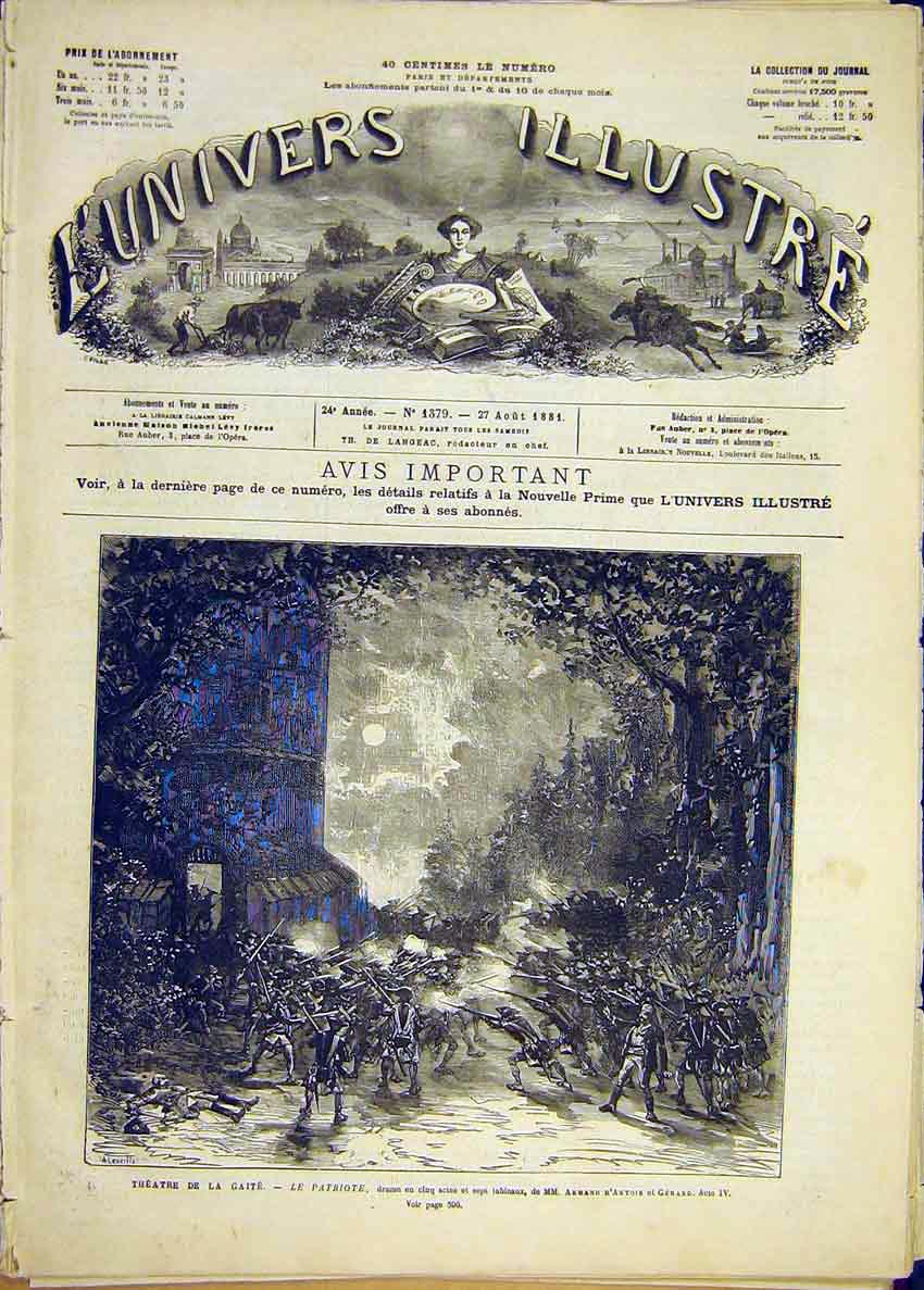 Original Old Antique Print Theatre Gaeity Patriot Drama Scenes Armand 1881 19th