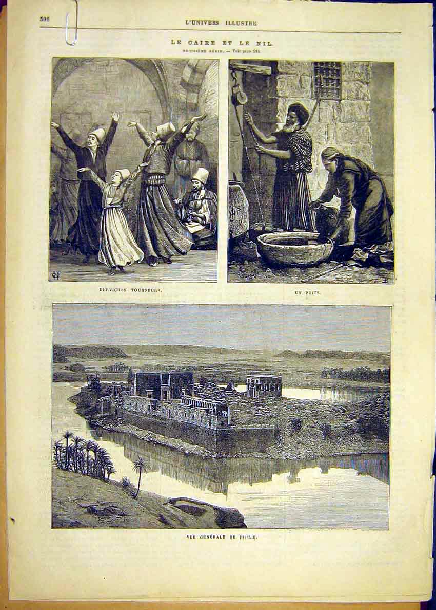 Original Old Antique Print Cairo Egypt Nile Phile Thebes Luxor Denderah 1881