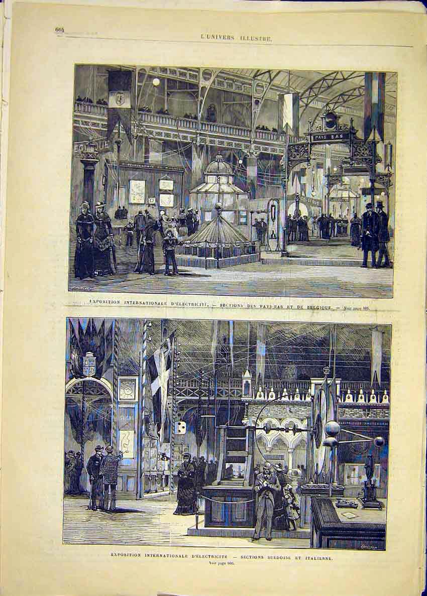 Original Old Antique Print Electricity Exhibition Belgium Italian 1881 Victorian