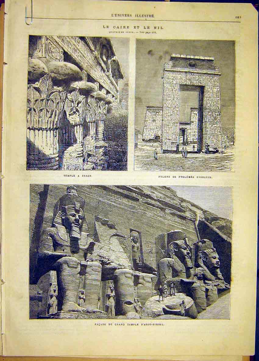 Original Old Antique Print Nile Cairo Egypt Temple Arab Karasko French 1881