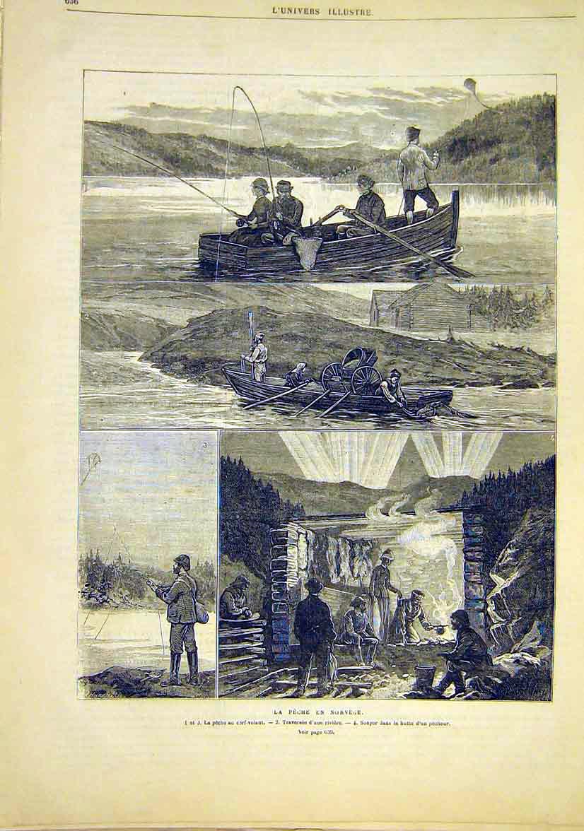 Original Old Antique Print Fishing Norway Fishermen Boat French 1881 Victorian