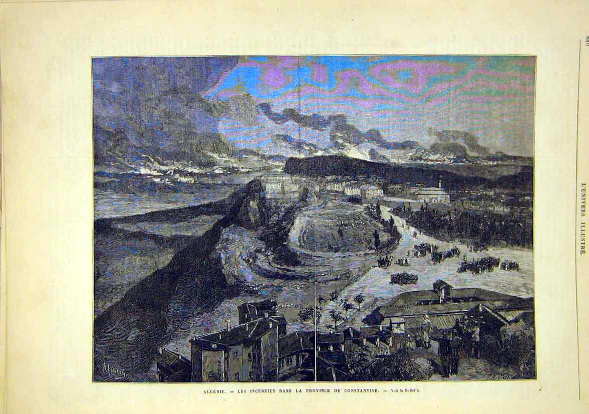 Original Old Antique Print Algeria Africa Fire Constantine French 1881 Victorian