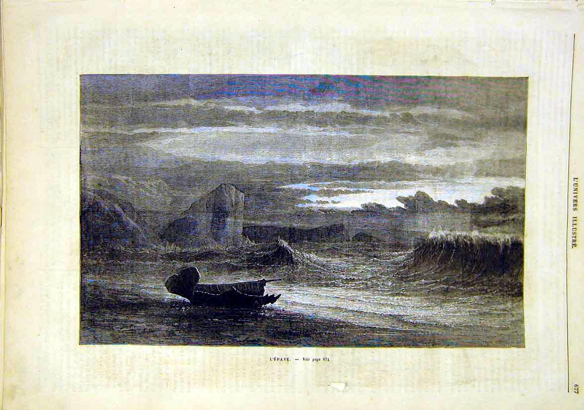 Original Old Antique Print L'Epave Sea Beach Ship-Wreck Boat French 1881 19th