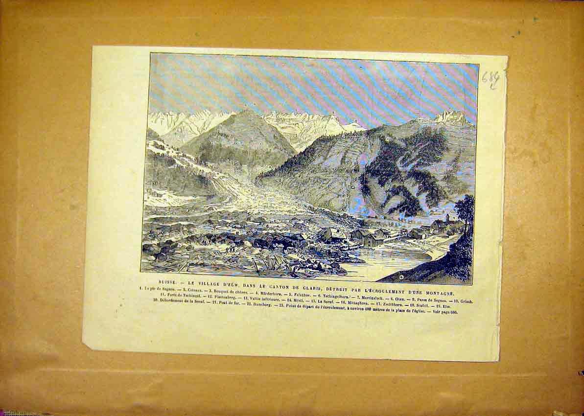 Original Old Antique Print Switzerland Elm Canton Glacier Mountain 1881 19th