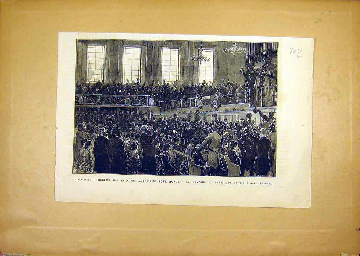 Original Old Antique Print London American Citizens Presdient Garfield 1881