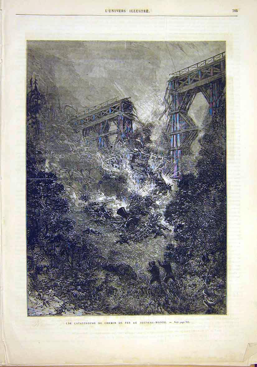 Original Old Antique Print Railway New-World Bridge Train Catastrophe 1881 19th