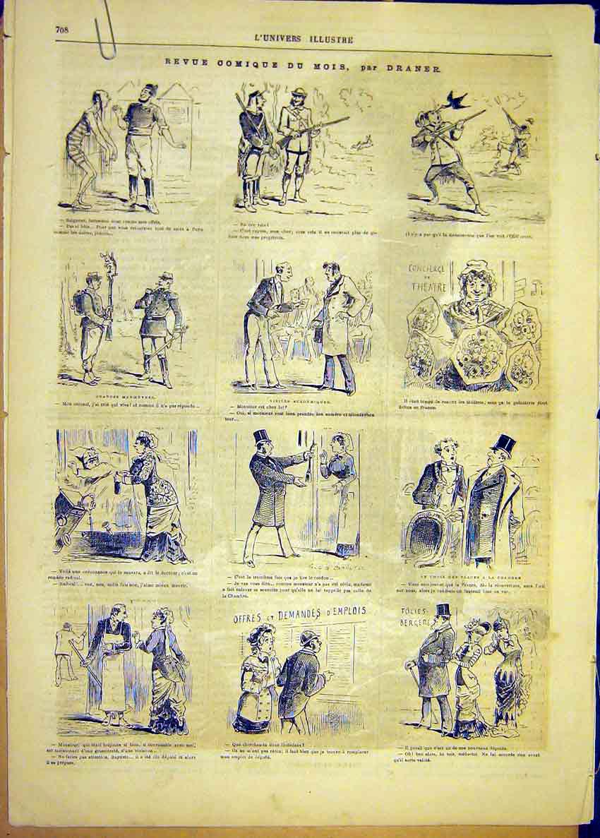 Original Old Antique Print Comic Sketches Review Draner Election French 1881