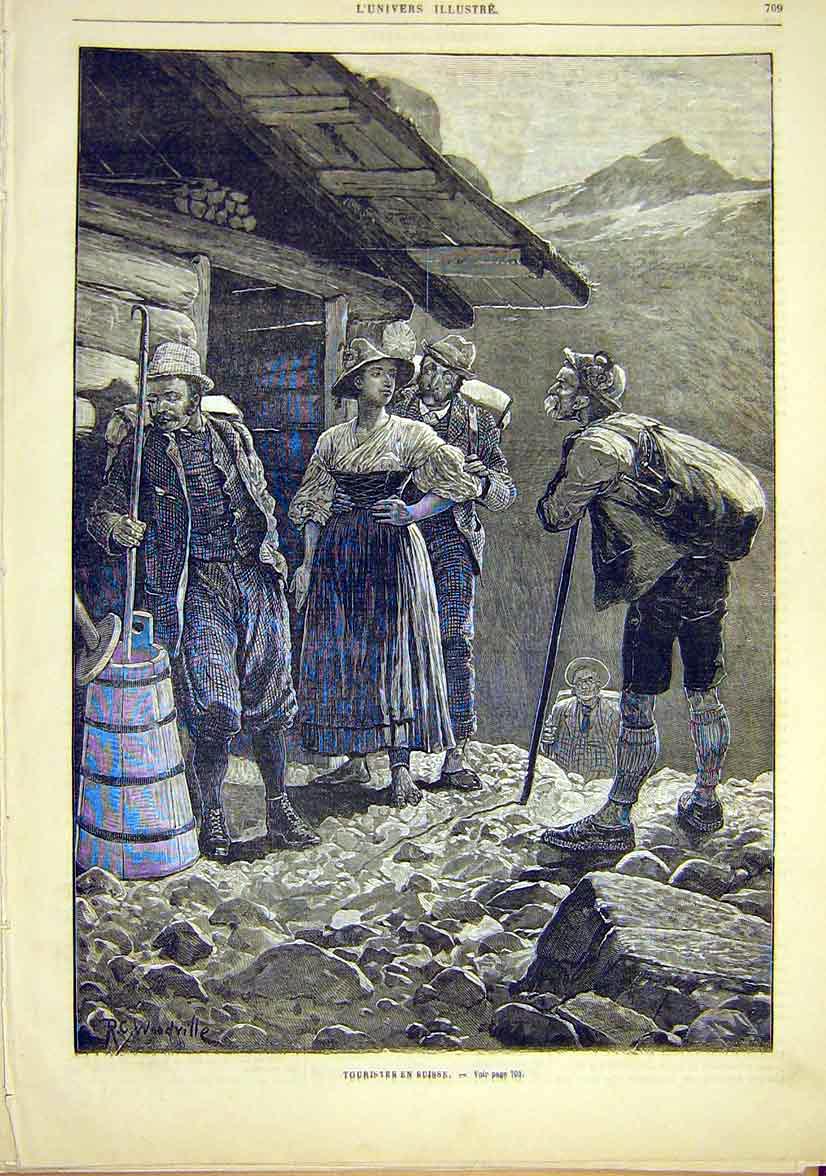 Original Old Antique Print Switzerland Swiss Tourists French 1881 19th