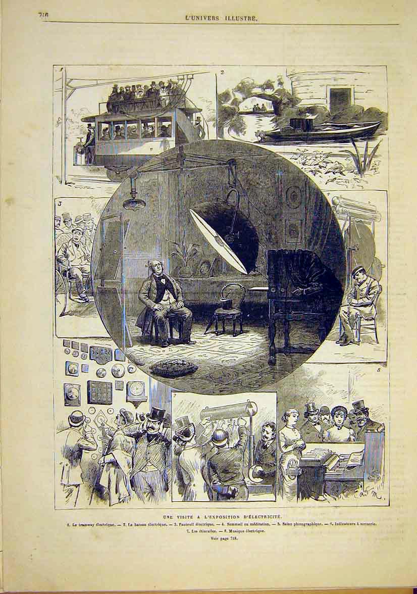 Original Old Antique Print Electrical Exhibition Tramway Boat Music 1881 19th