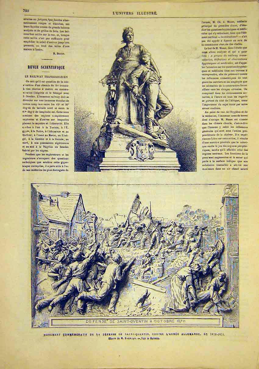 Original Old Antique Print Statue Monument Saint-Quentin Defence Barrias 1881