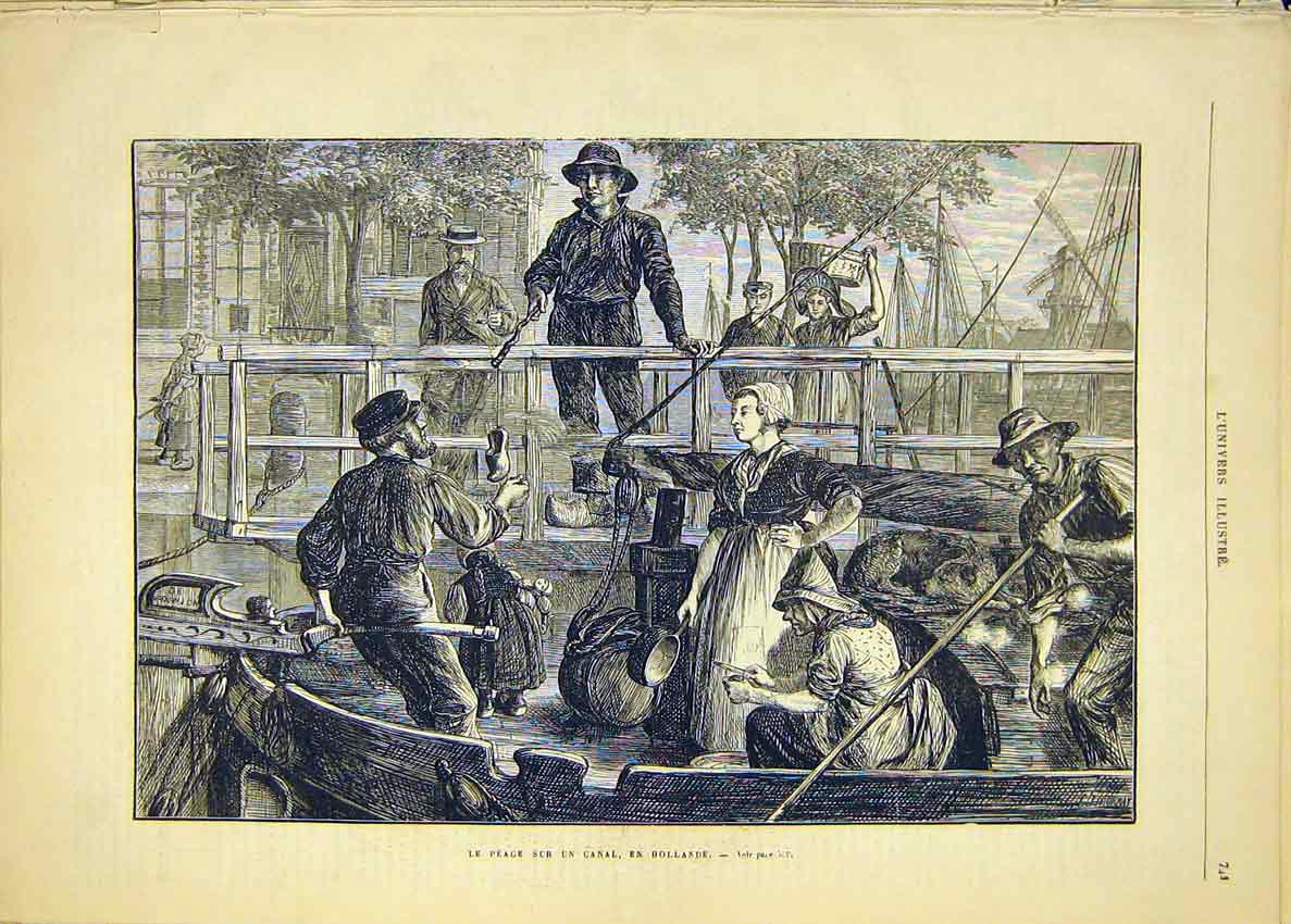 Original Old Antique Print Canal Holland Boat French 1881 Dutch 19th