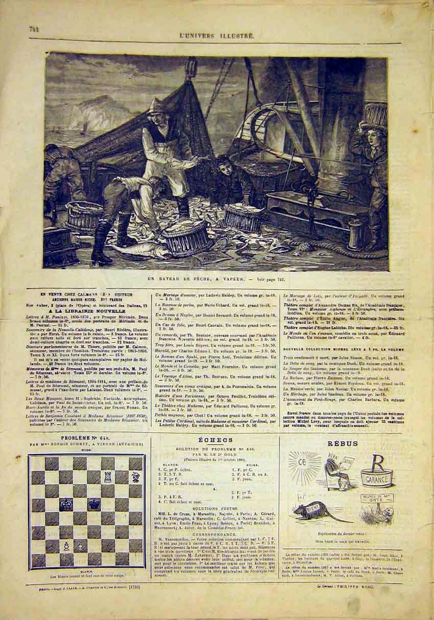 Original Old Antique Print Fishing Boat Catch Fish Fishermen French 1881 19th