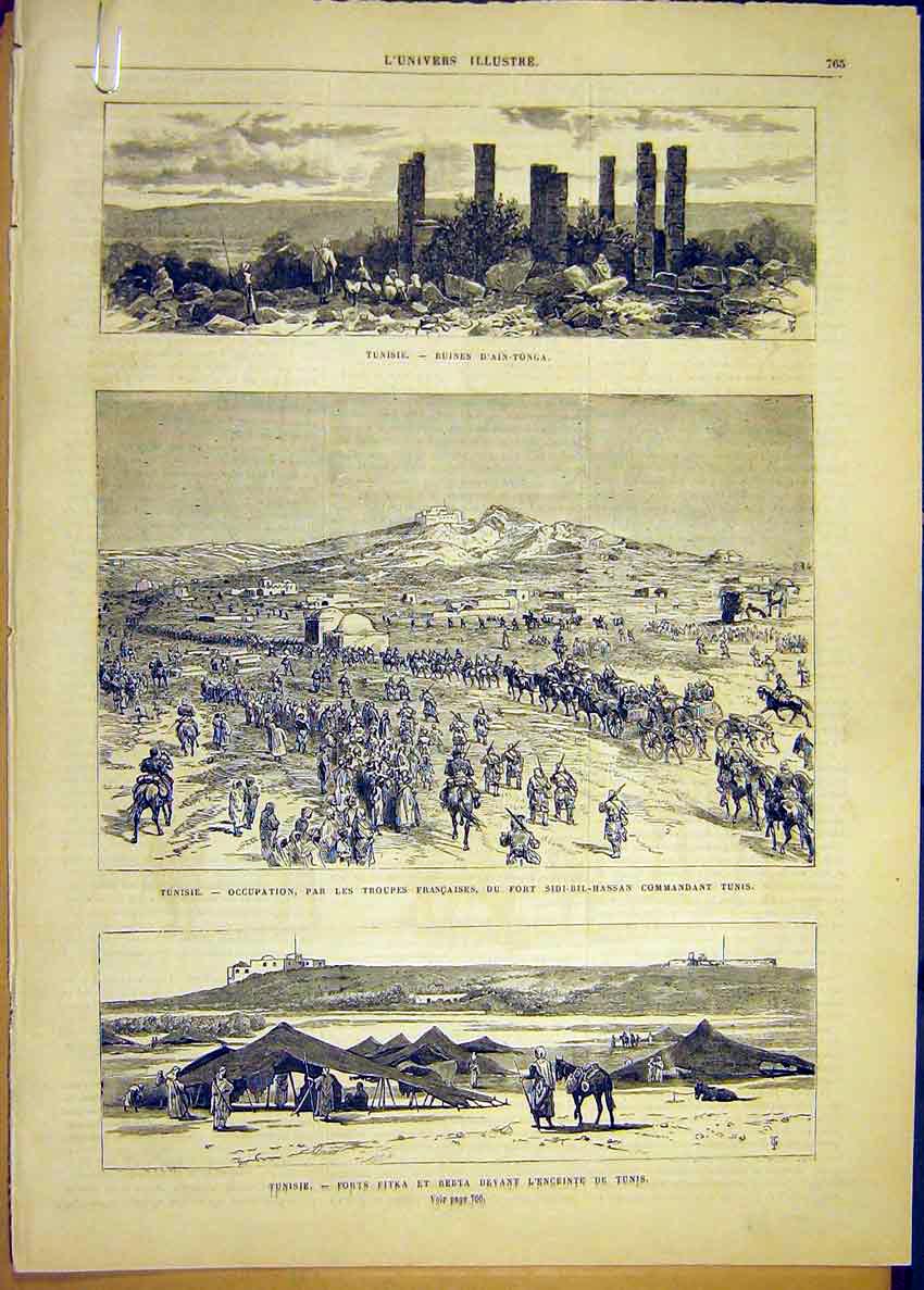 Original Old Antique Print Tunisia Ruins Tonga Amphitheatre Kasbah 1881 19th