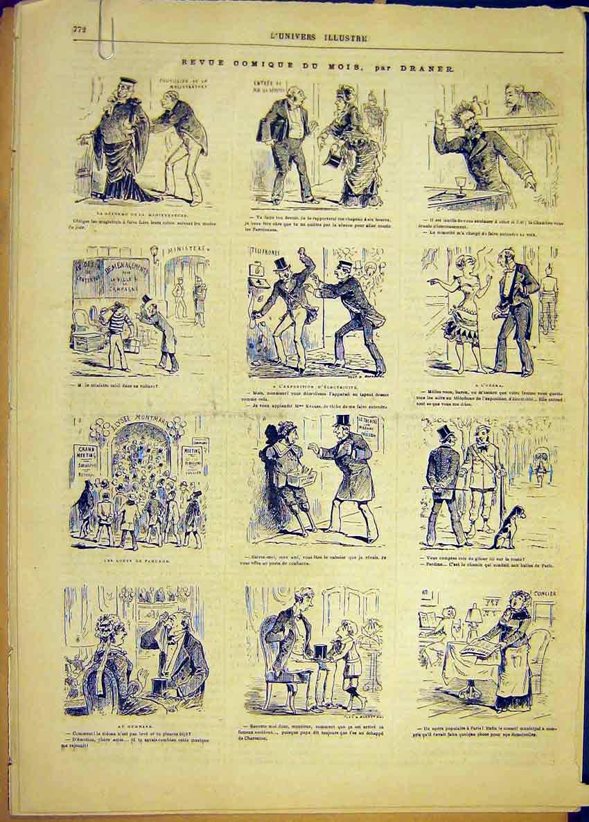 Original Old Antique Print Comic Review Sketches Draner French 1881 Victorian