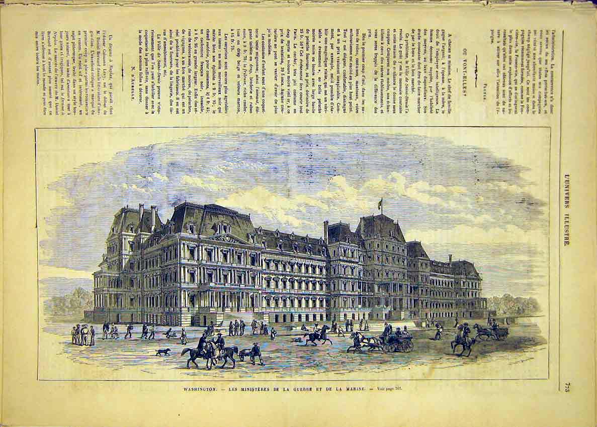 Original Old Antique Print Washington America Ministry War Building 1881 19th