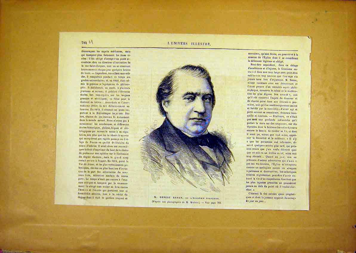Original Old Antique Print Portrait Ernest Renan French Academy 1881 Victorian