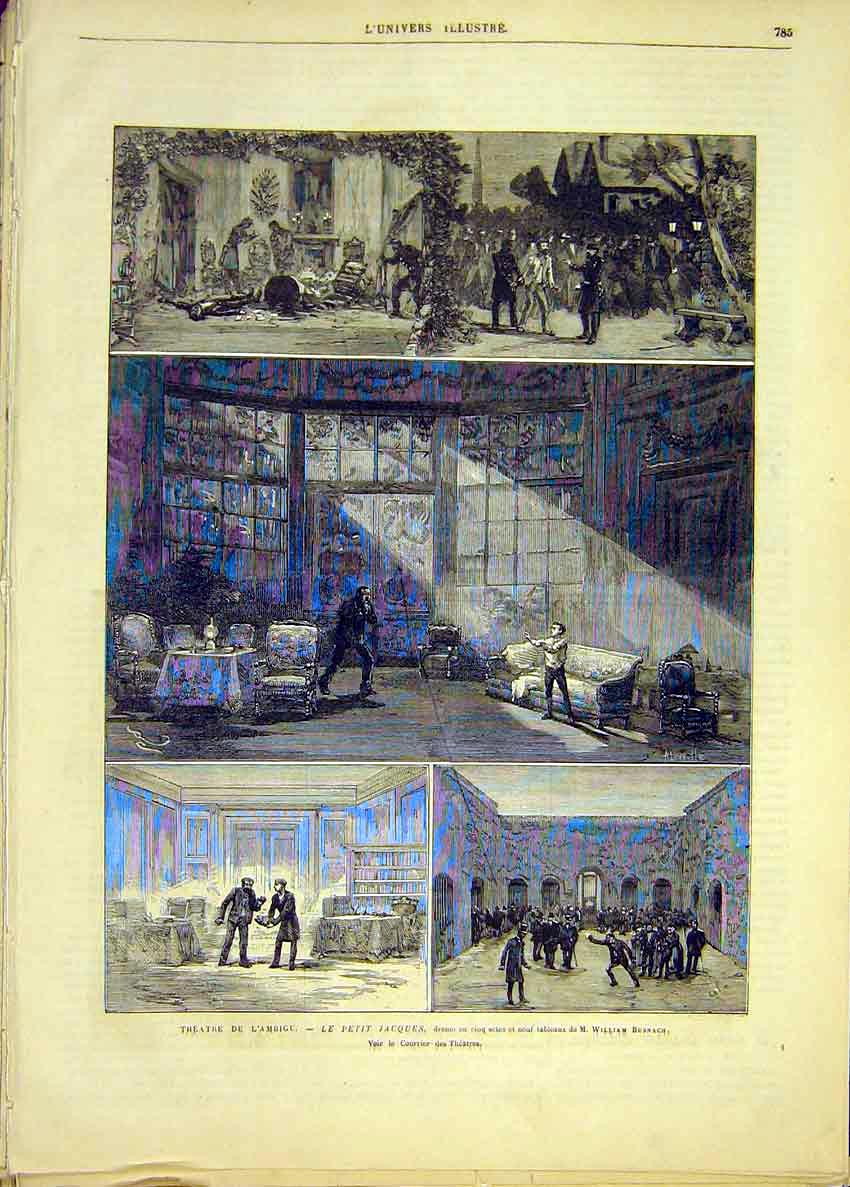Original Old Antique Print Theatre Ambigu Scenes Busnach Petit Jacques 1881 19th