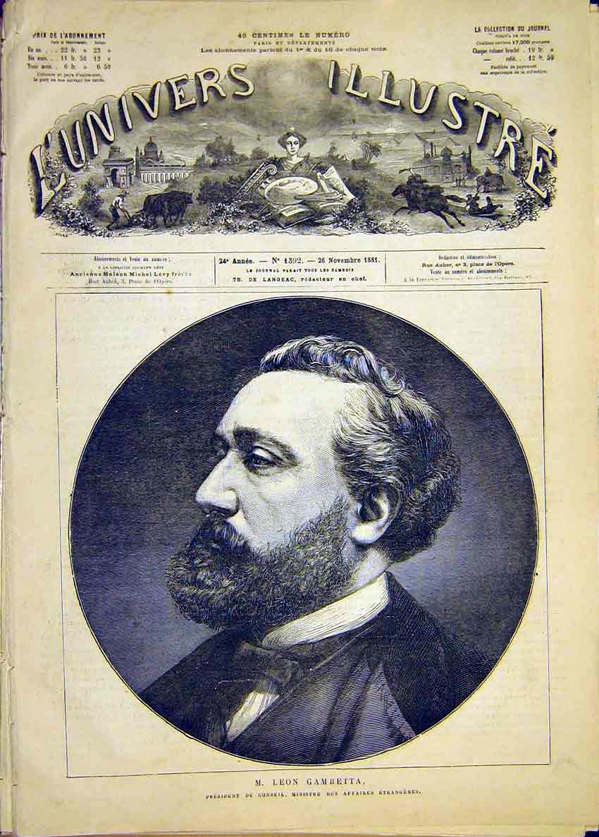 Original Old Antique Print Portrait Leon Gambetta Minister French 1881 Victorian