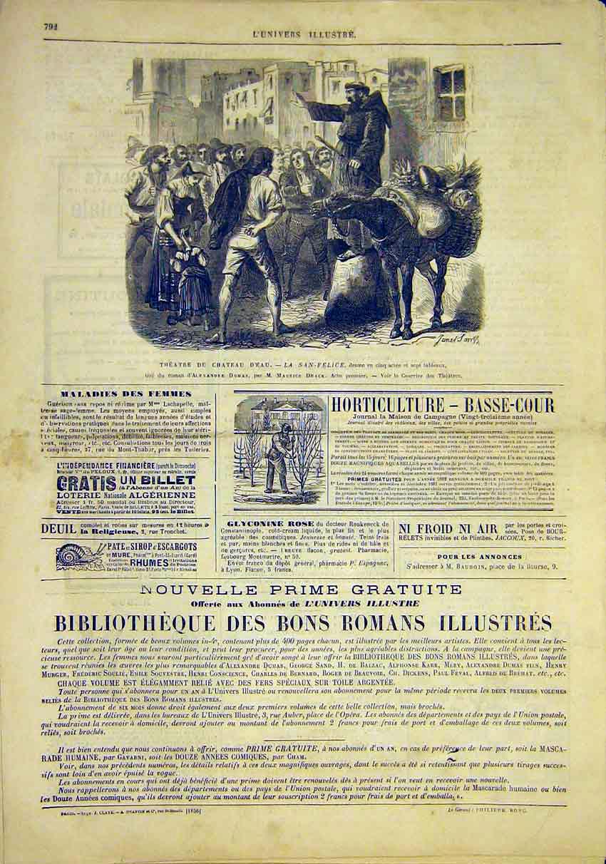 Original Old Antique Print Theatre La San-Felice Drama Water Castle Dumas 1881