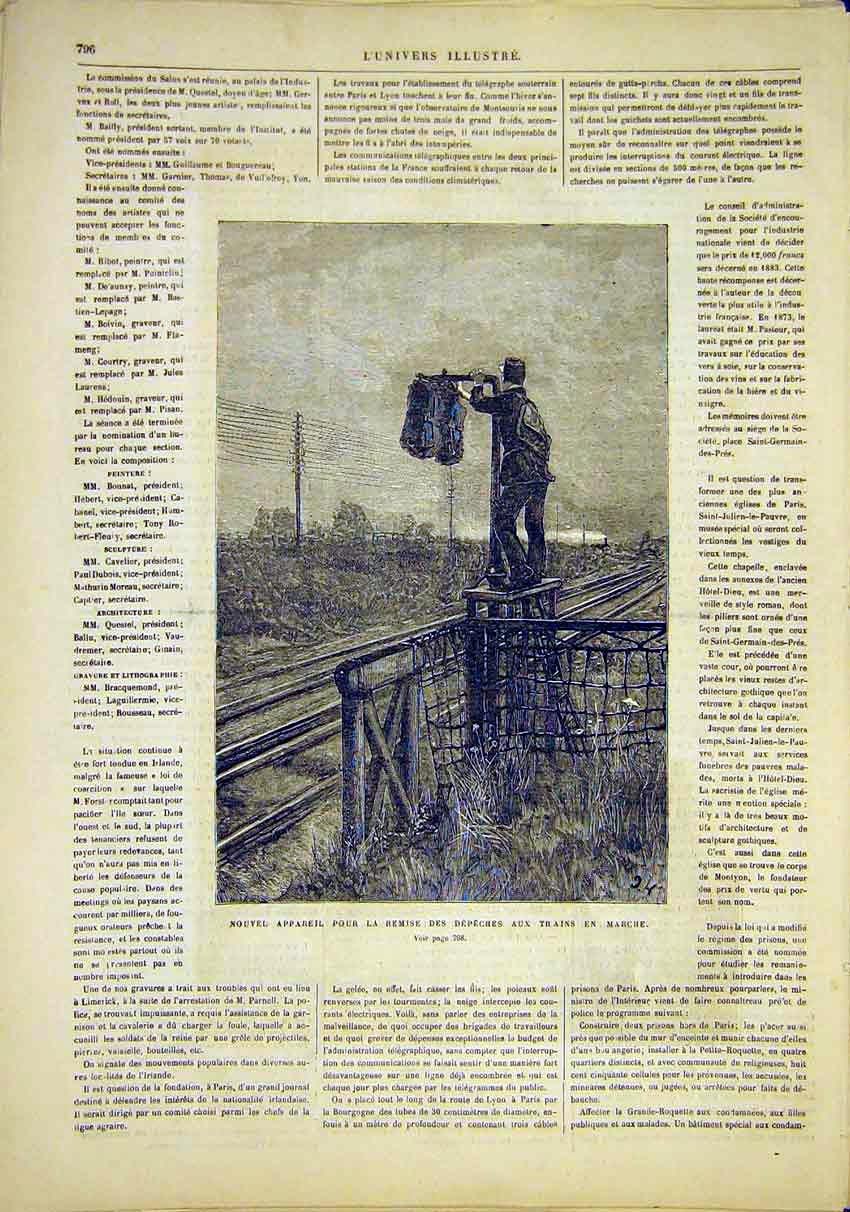 Original Old Antique Print Post-Train Railway Transport French 1881 Victorian