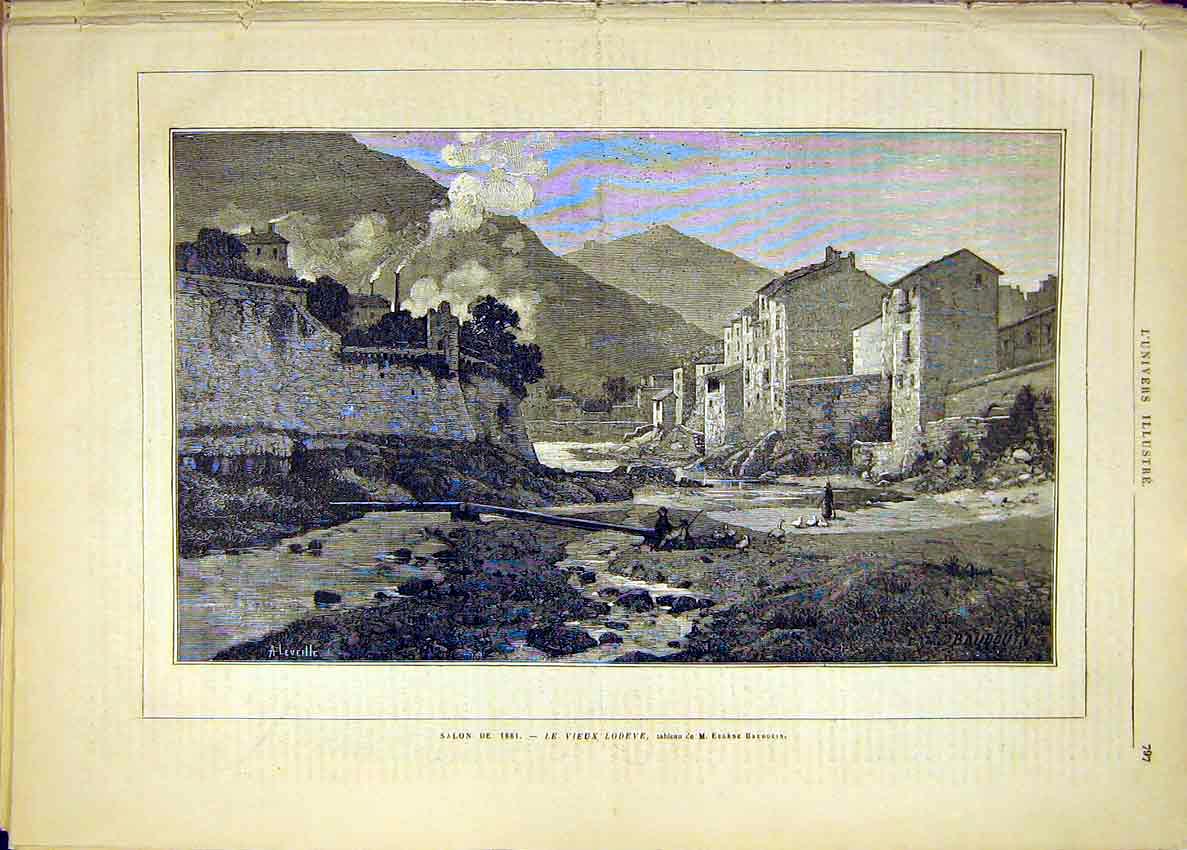 Original Old Antique Print Lodeve Baudouin Buildings Landscape French 1881 19th