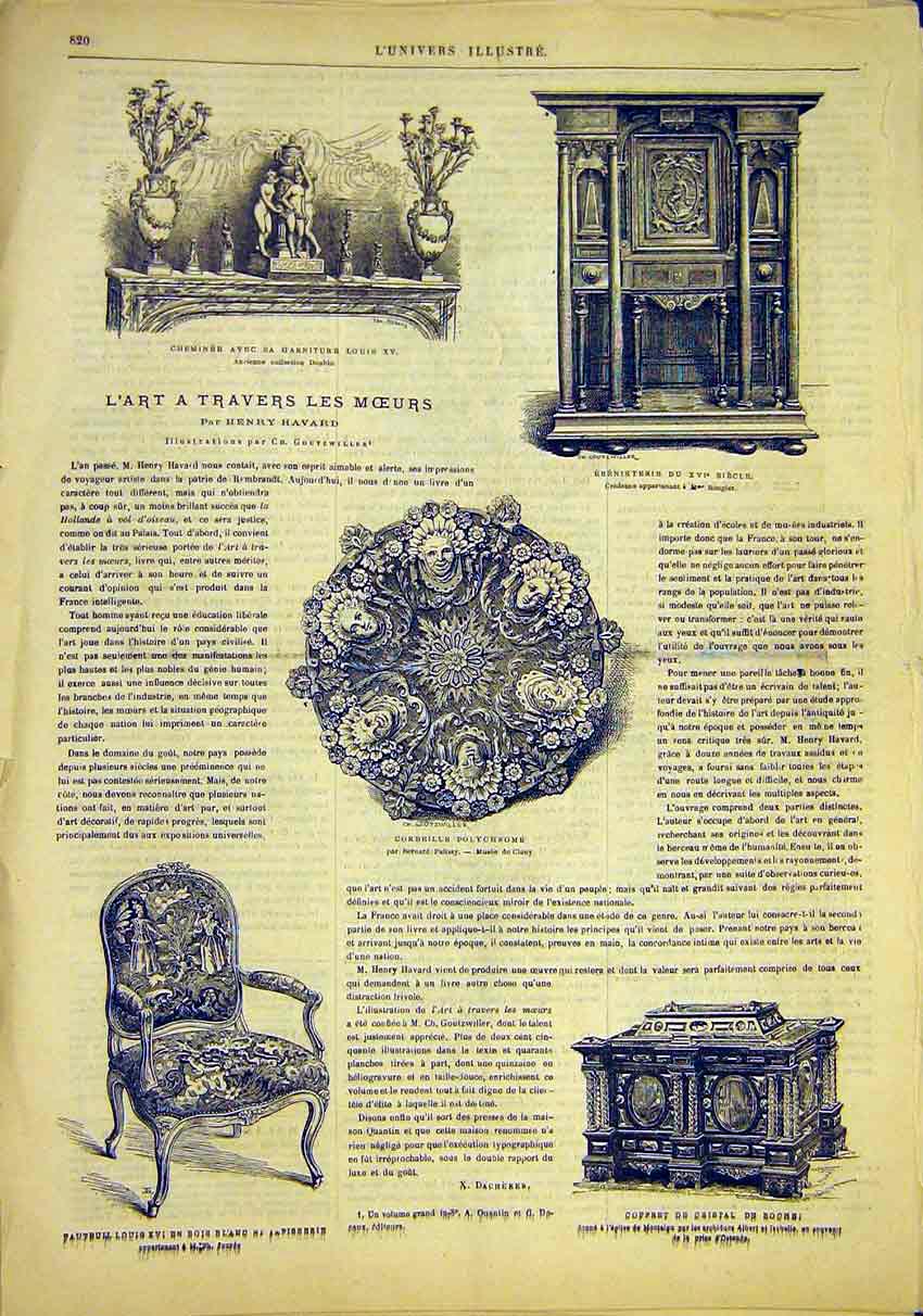 Original Old Antique Print Havard Furniture Louis Art Work 1881 19th