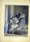 Original Old Antique Print Baby Flowers Mother Fine Art French 1881 Victorian