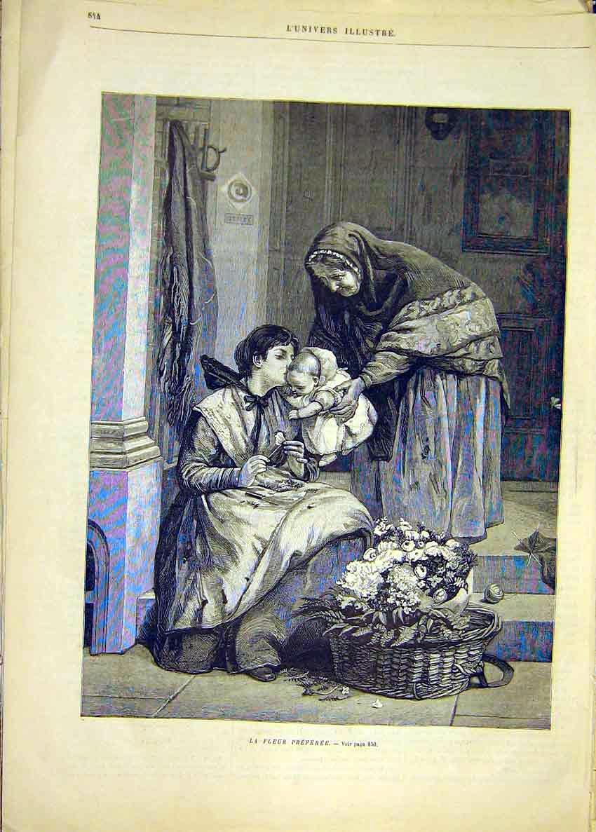 Original Old Antique Print Baby Flowers Mother Fine Art French 1881 Victorian