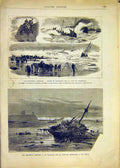 Original Old Antique Print Storm Normandy Ship Wreck Sea French 1881 Victorian
