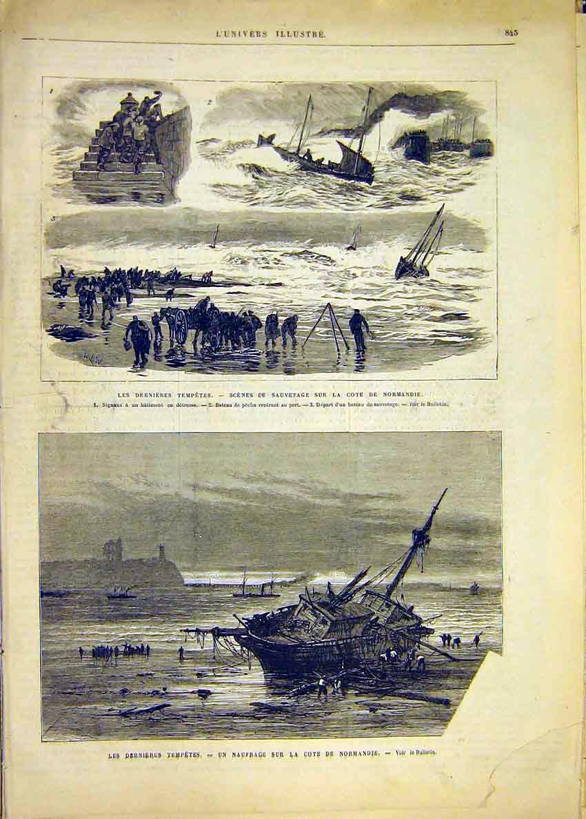 Original Old Antique Print Storm Normandy Ship Wreck Sea French 1881 Victorian