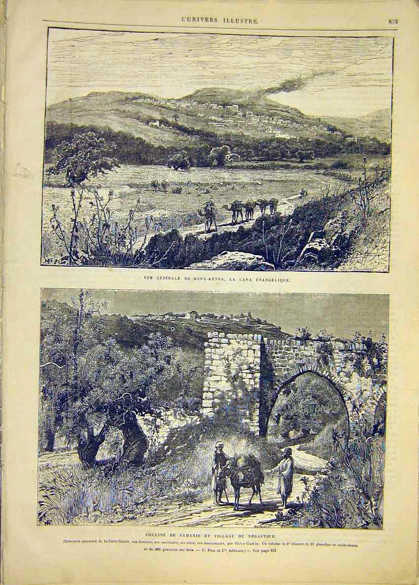 Original Old Antique Print Kefr-Kenna Sebastieh Samaria Guerin French 1881 19th