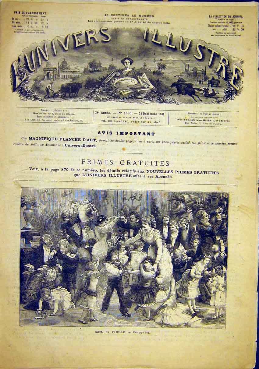 Original Old Antique Print Christmas Family Children Party French 1881 Victorian