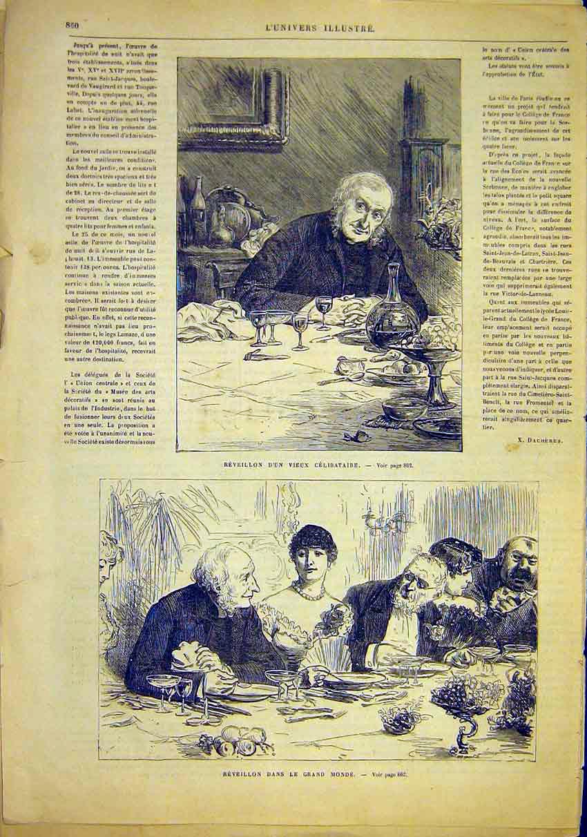 Original Old Antique Print Celebrity Reveillon Speaker Banquet French 1881 19th