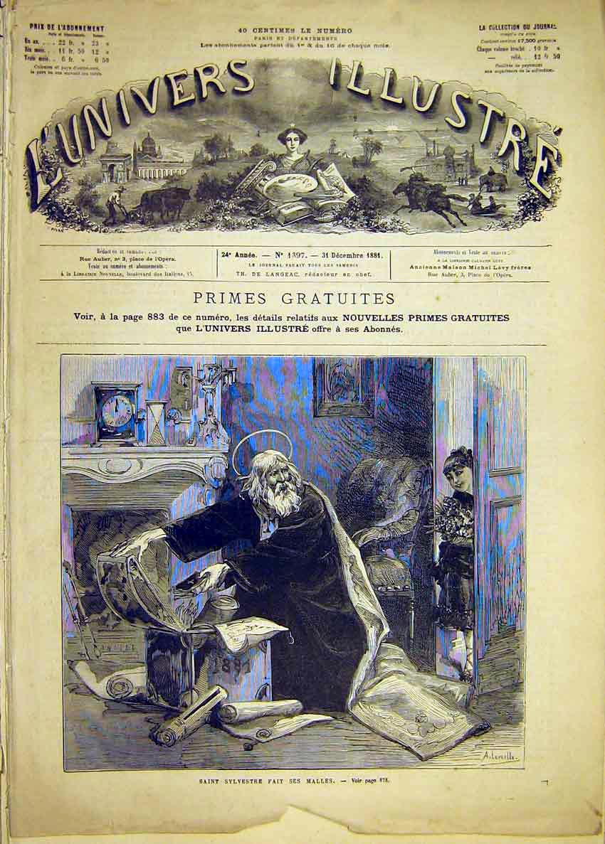 Original Old Antique Print Saint Sylvester Unwell Sick Fine Art French 1881 19th