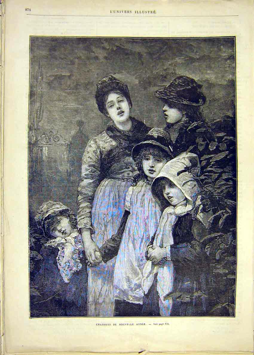 Original Old Antique Print Christmas Carol Singers New-Year French 1881 19th