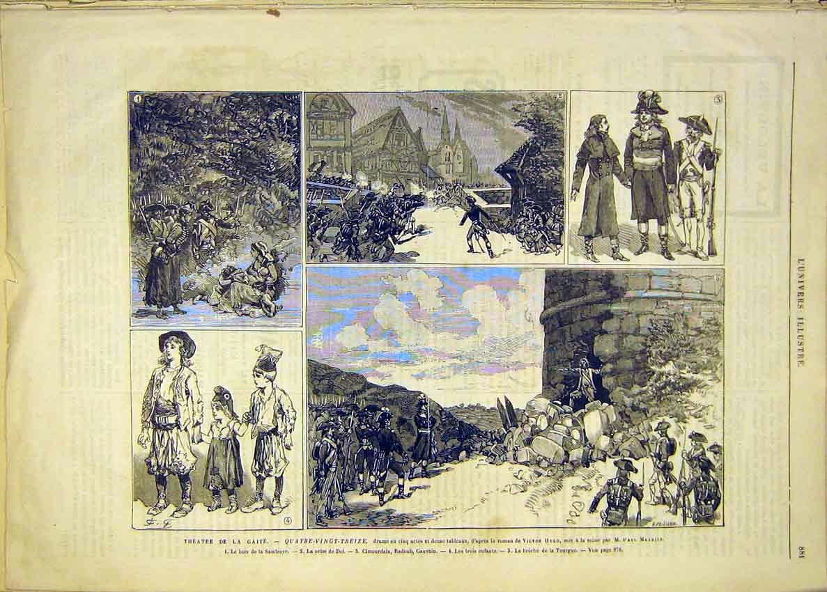 Original Old Antique Print Theatre Hugo Meurice Scenes Saudraye Gauvain Tourgue