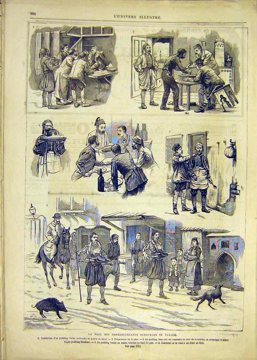 Original Old Antique Print Christmas Tunisia Correspondents French 1881 19th